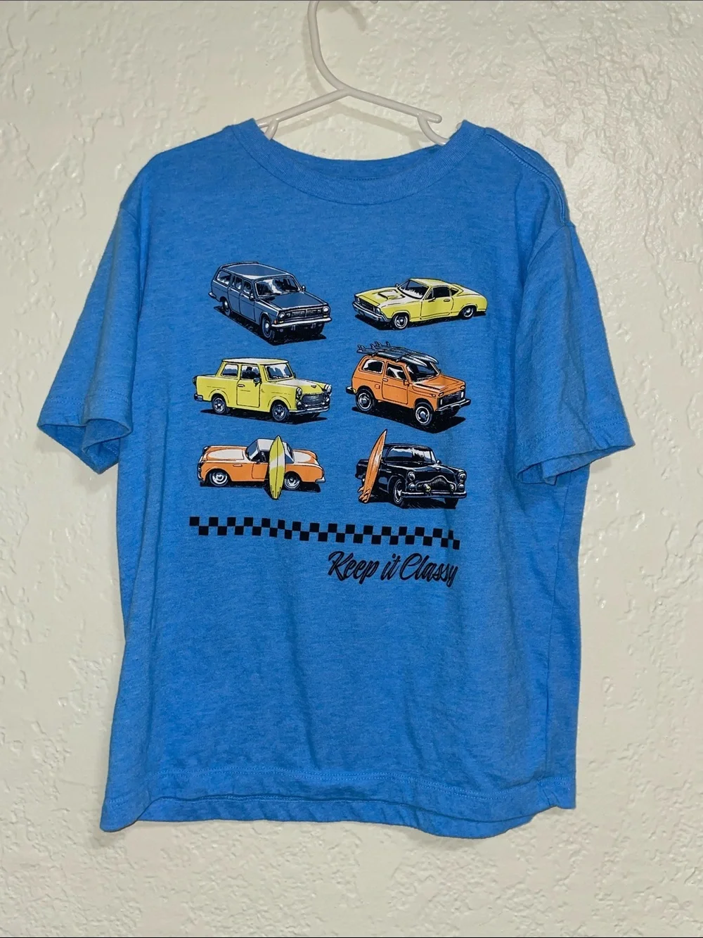 Old Navy Blue Boys Graphic Tee with Yellow & Orange Cars - Picture 1 of 5